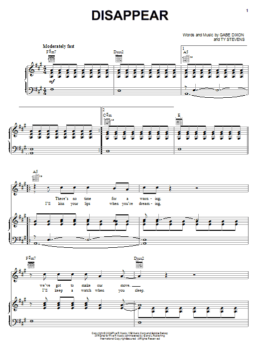 Download The Gabe Dixon Band Disappear Sheet Music and learn how to play Piano, Vocal & Guitar (Right-Hand Melody) PDF digital score in minutes