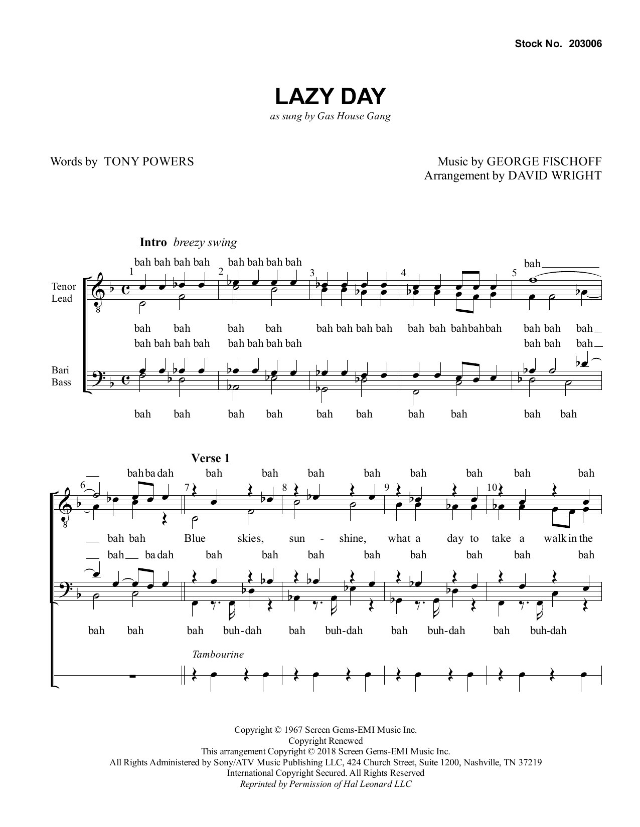 Download The Gas House Gang Lazy Day (arr. David Wright) Sheet Music and learn how to play TTBB Choir PDF digital score in minutes
