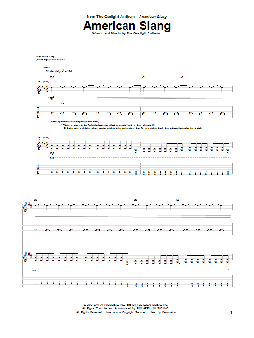 Download The Gaslight Anthem American Slang Sheet Music and learn how to play Guitar Tab PDF digital score in minutes