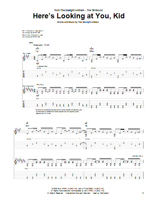Download The Gaslight Anthem Here's Looking At You, Kid Sheet Music and learn how to play Guitar Tab PDF digital score in minutes