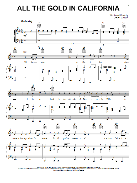 Download The Gatlin Brothers All The Gold In California Sheet Music and learn how to play Piano, Vocal & Guitar (Right-Hand Melody) PDF digital score in minutes