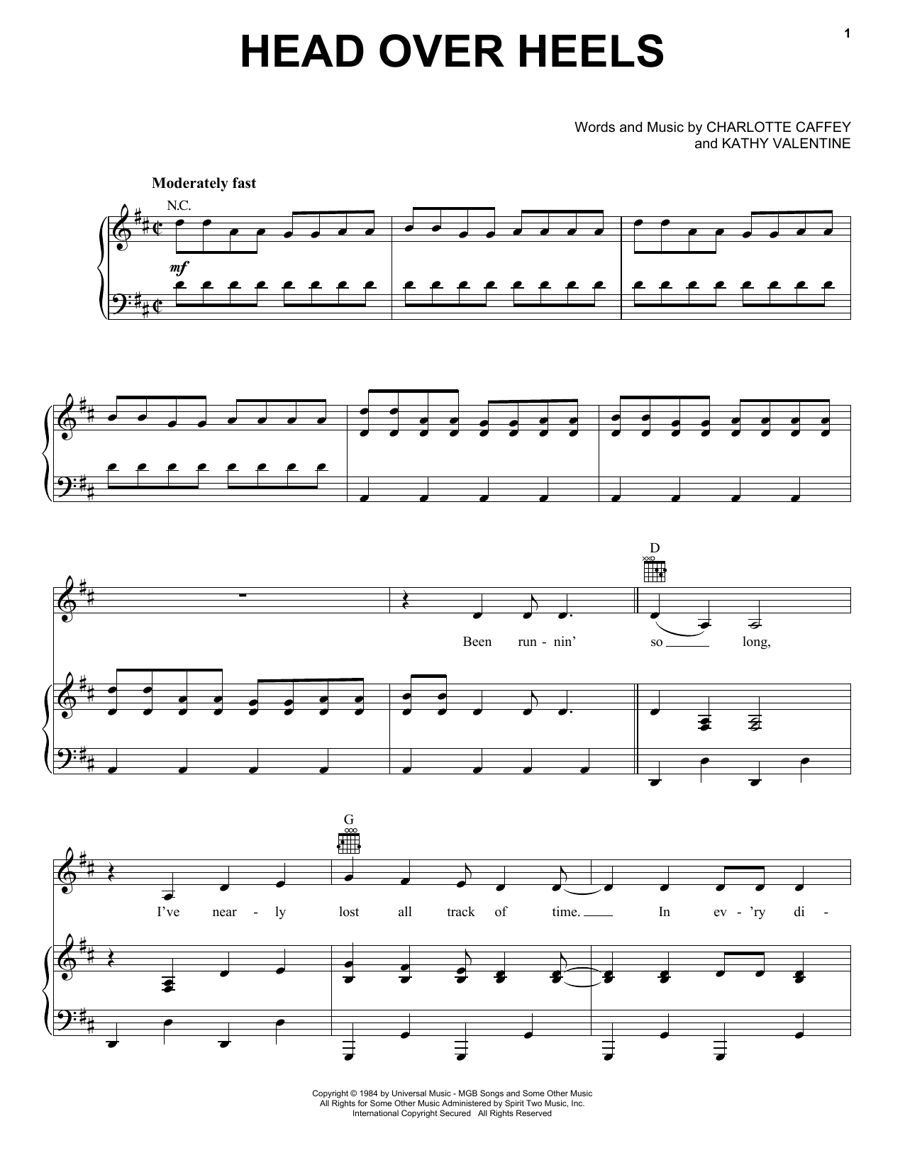 Download The Go-Go's Head Over Heels Sheet Music and learn how to play Piano, Vocal & Guitar Chords (Right-Hand Melody) PDF digital score in minutes