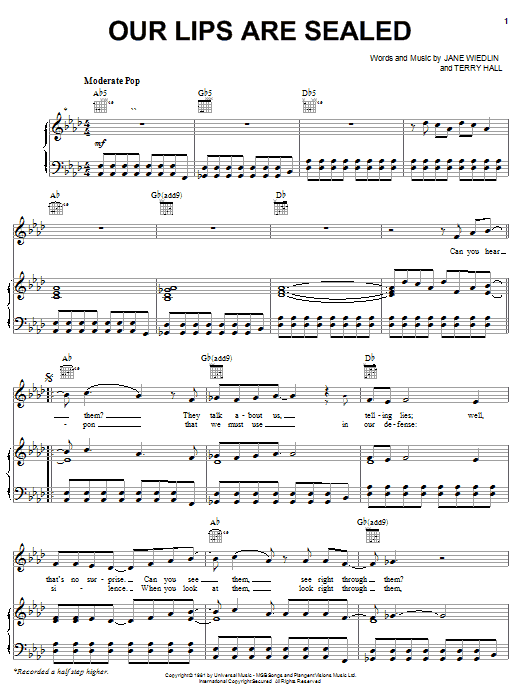 Download The Go-Go's Our Lips Are Sealed Sheet Music and learn how to play Easy Guitar Tab PDF digital score in minutes