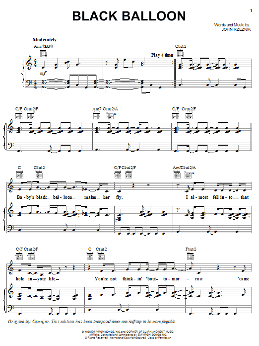 Download Goo Goo Dolls Black Balloon Sheet Music and learn how to play Piano, Vocal & Guitar (Right-Hand Melody) PDF digital score in minutes