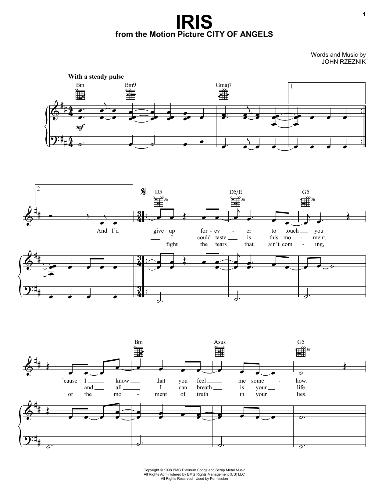 Download Goo Goo Dolls Iris Sheet Music and learn how to play Piano, Vocal & Guitar (Right-Hand Melody) PDF digital score in minutes