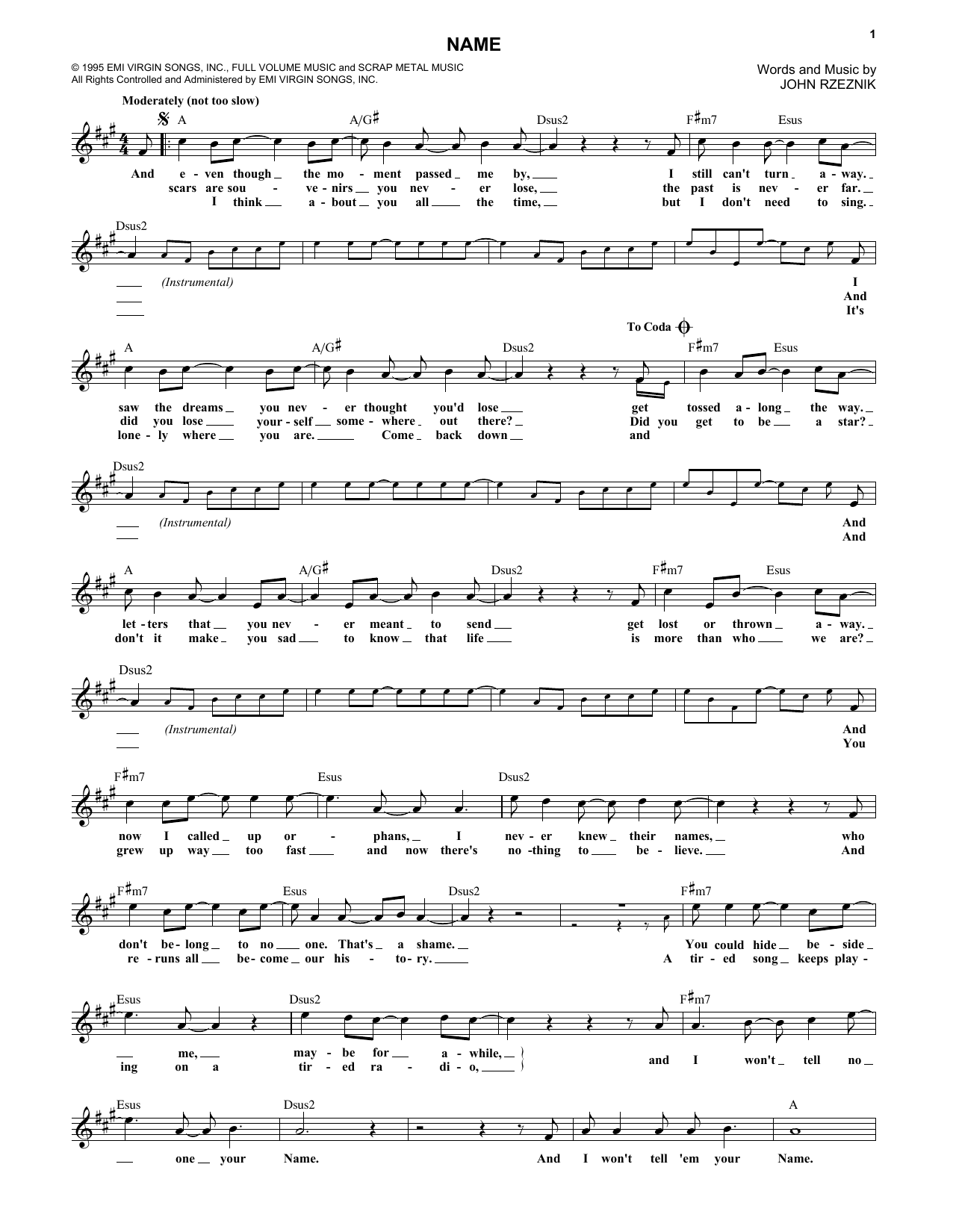 Download Goo Goo Dolls Name Sheet Music and learn how to play Piano, Vocal & Guitar (Right-Hand Melody) PDF digital score in minutes