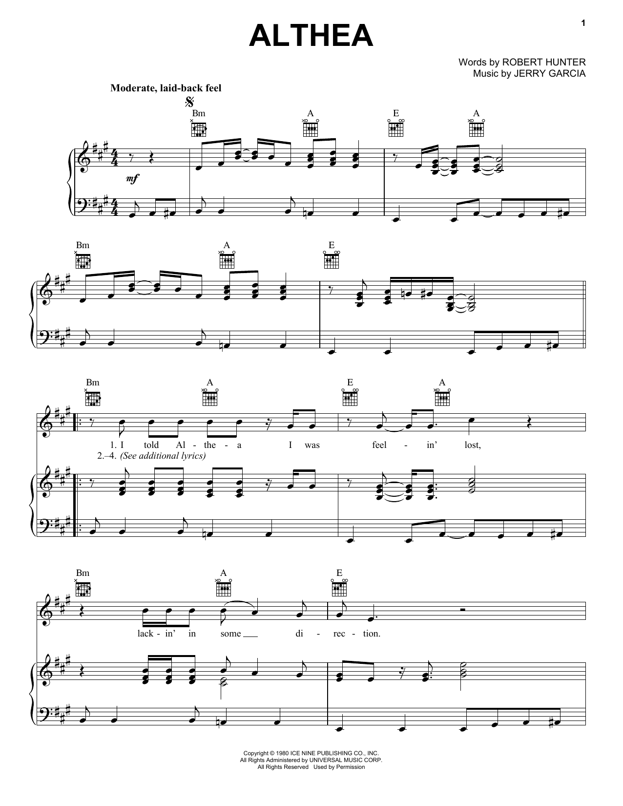 Download Grateful Dead Althea Sheet Music and learn how to play Piano, Vocal & Guitar (Right-Hand Melody) PDF digital score in minutes