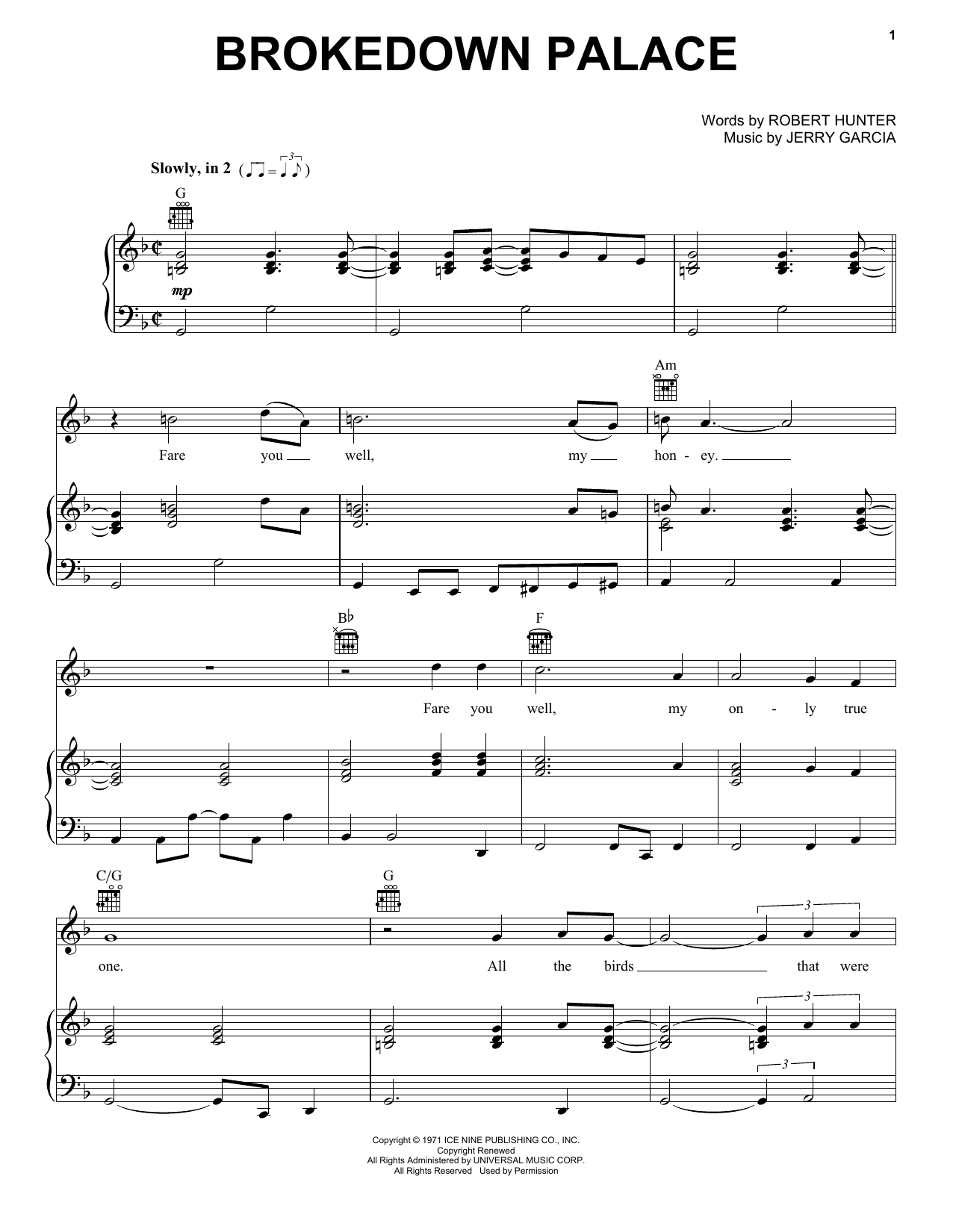 Download Grateful Dead Brokedown Palace Sheet Music and learn how to play Piano, Vocal & Guitar (Right-Hand Melody) PDF digital score in minutes