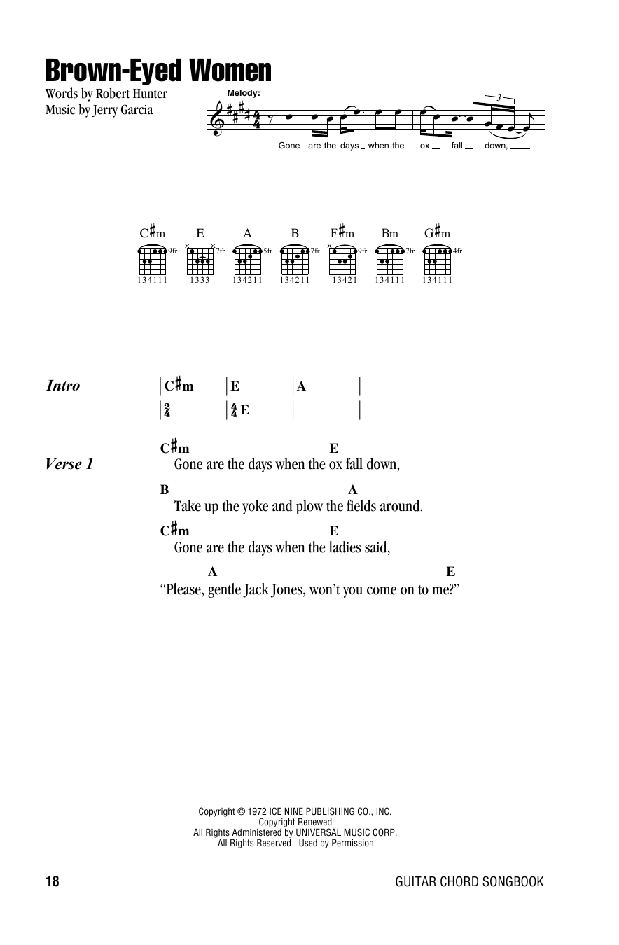 Download Grateful Dead Brown-Eyed Women Sheet Music and learn how to play Lyrics & Chords PDF digital score in minutes
