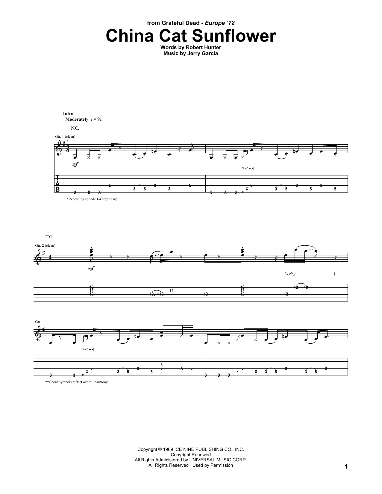 Download Grateful Dead China Cat Sunflower Sheet Music and learn how to play Piano, Vocal & Guitar (Right-Hand Melody) PDF digital score in minutes