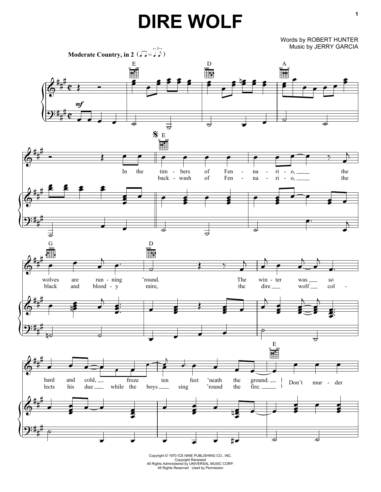 Download Grateful Dead Dire Wolf Sheet Music and learn how to play Piano, Vocal & Guitar (Right-Hand Melody) PDF digital score in minutes