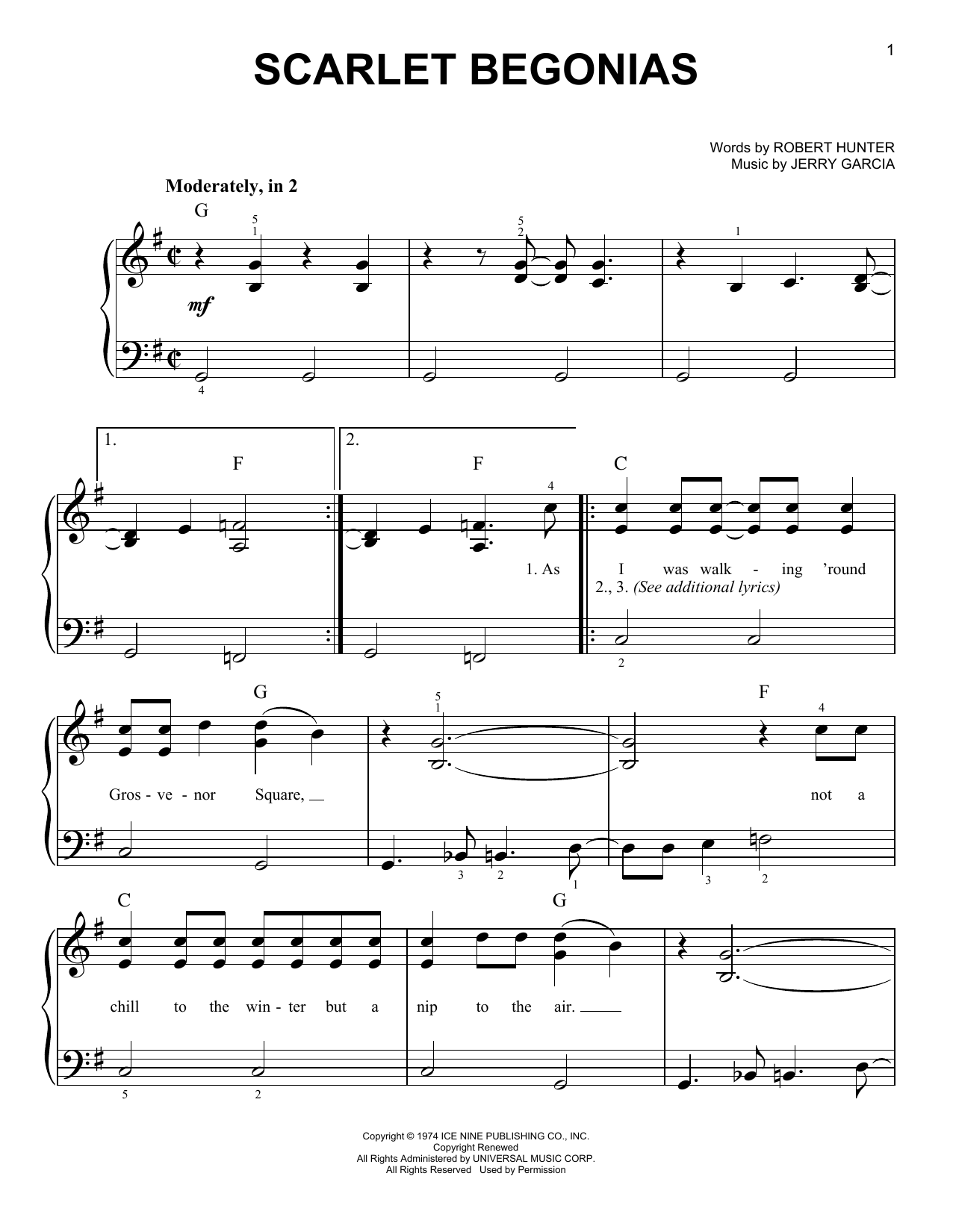 Download Grateful Dead Scarlet Begonias Sheet Music and learn how to play Easy Piano PDF digital score in minutes