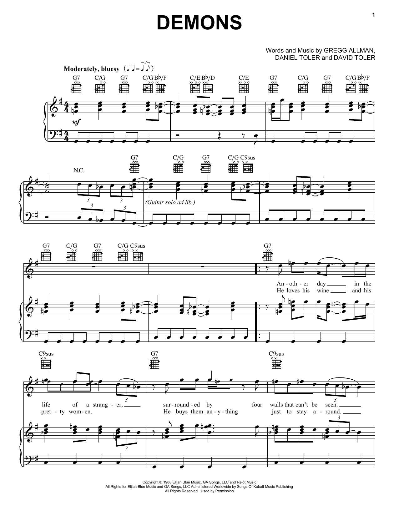 Download The Gregg Allman Band Demons Sheet Music and learn how to play Piano, Vocal & Guitar Chords (Right-Hand Melody) PDF digital score in minutes