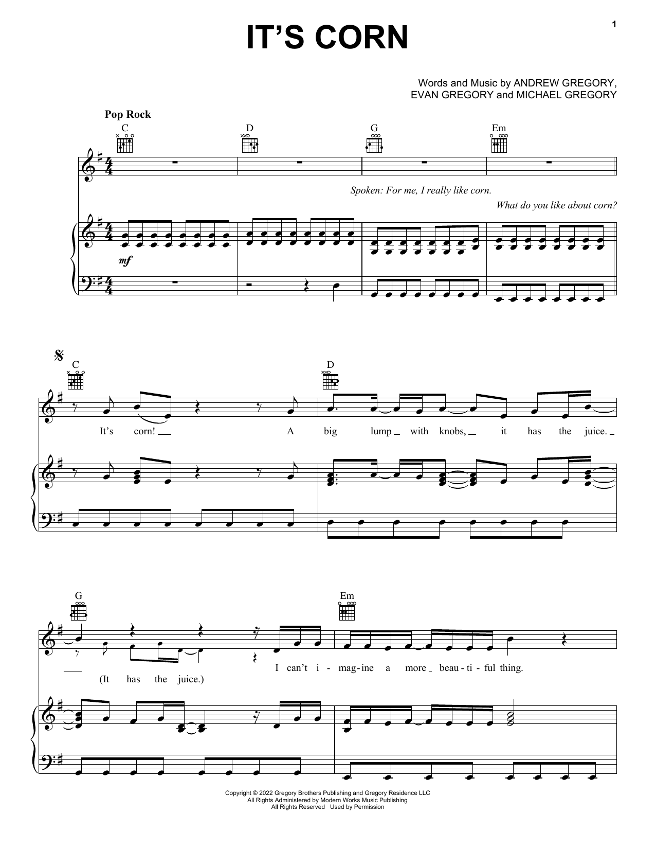 Download The Gregory Brothers It's Corn (feat. Tariq) Sheet Music and learn how to play Easy Piano PDF digital score in minutes