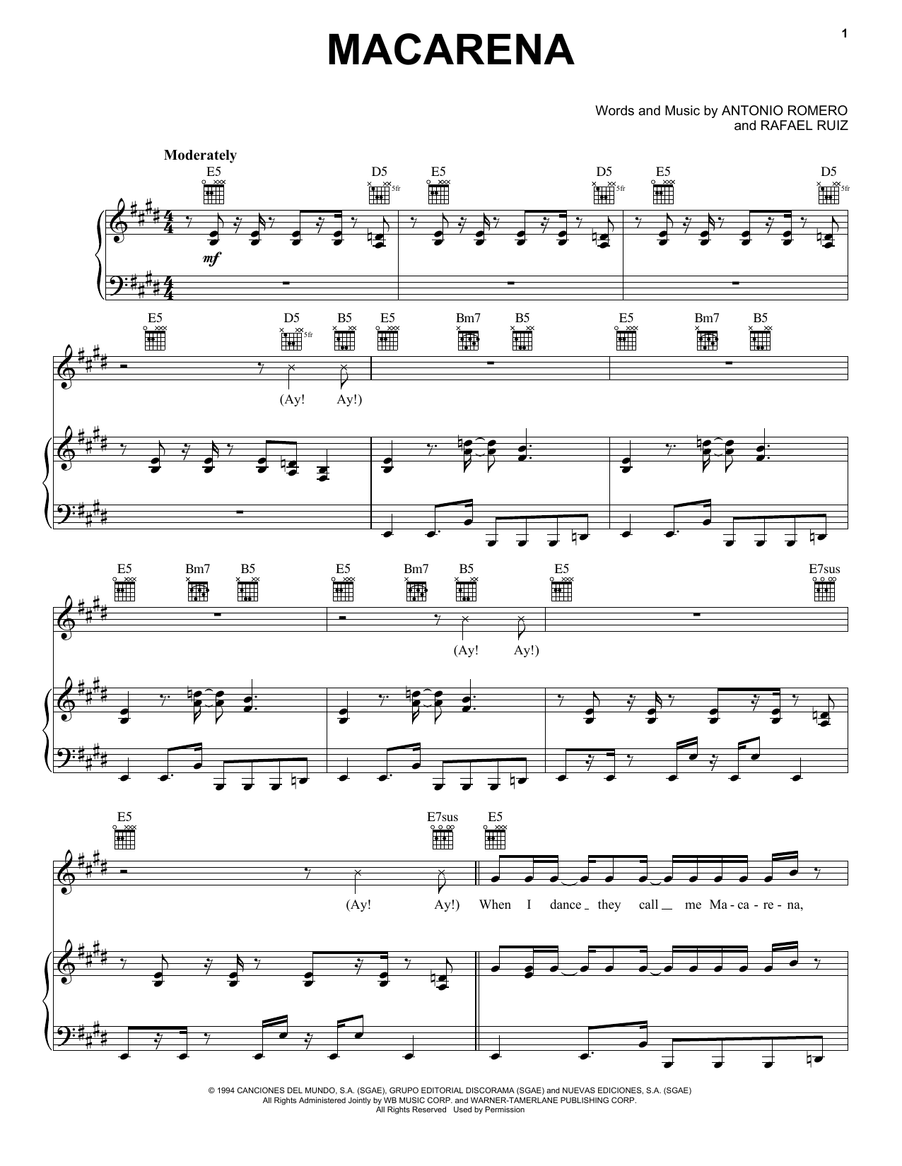 Download The Groovegrass Boyz Macarena Sheet Music and learn how to play Piano, Vocal & Guitar (Right-Hand Melody) PDF digital score in minutes