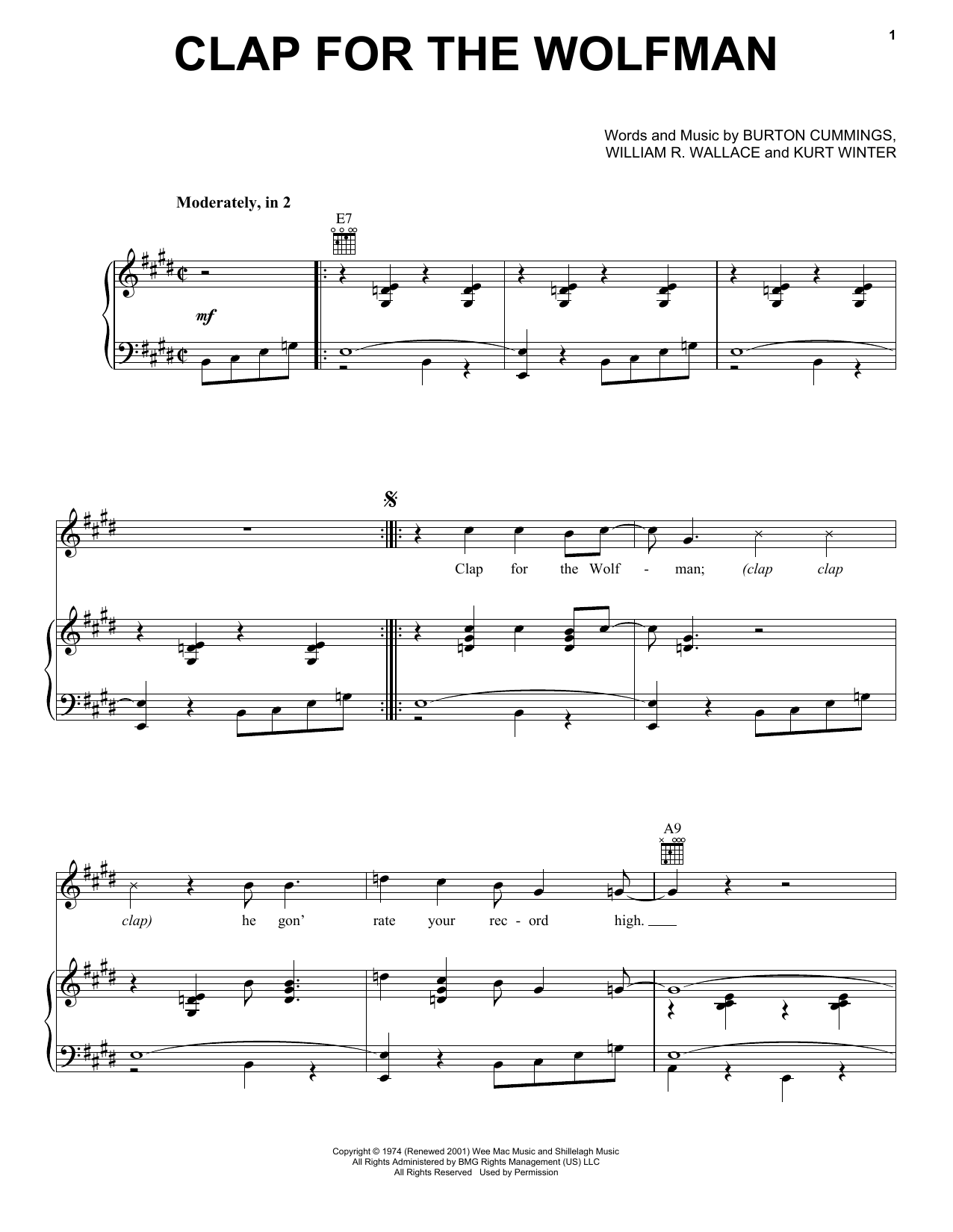 Download The Guess Who Clap For The Wolfman Sheet Music and learn how to play Piano, Vocal & Guitar (Right-Hand Melody) PDF digital score in minutes