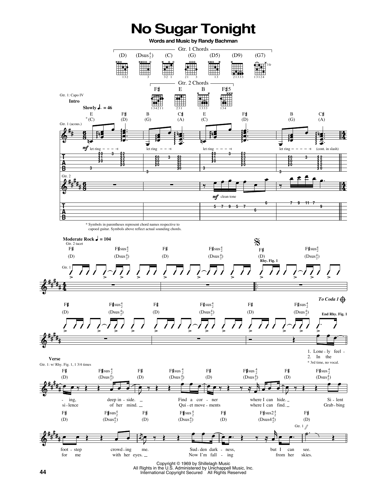 Download The Guess Who No Sugar Tonight Sheet Music and learn how to play Guitar Tab PDF digital score in minutes