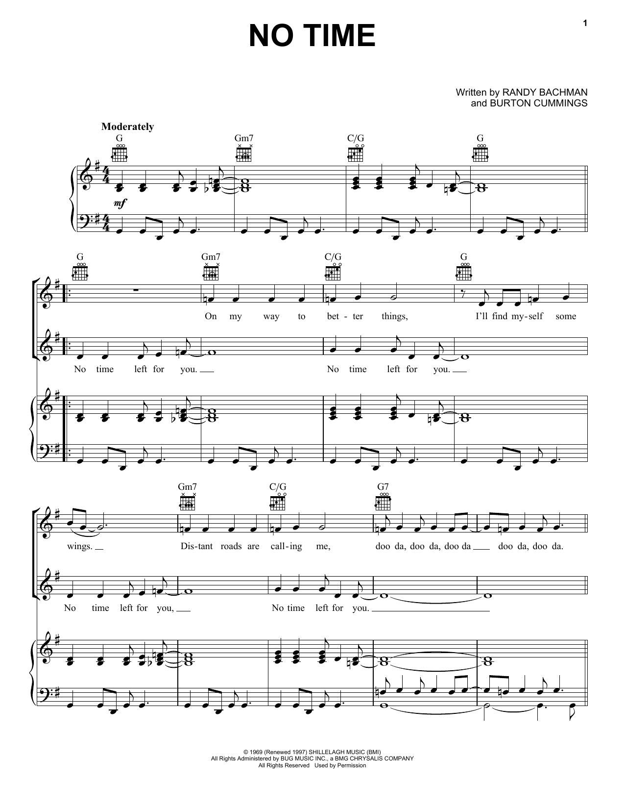 Download The Guess Who No Time Sheet Music and learn how to play Piano, Vocal & Guitar (Right-Hand Melody) PDF digital score in minutes