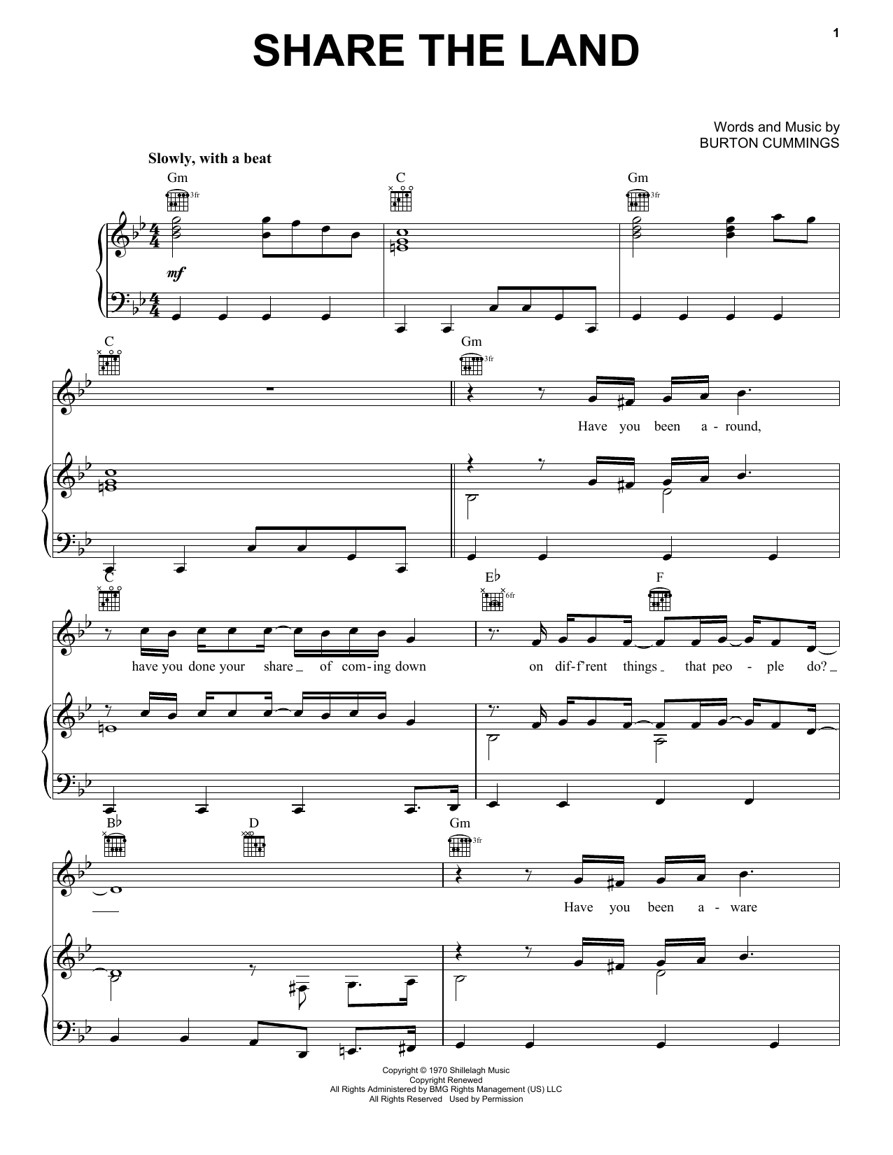 Download The Guess Who Share The Land Sheet Music and learn how to play Piano, Vocal & Guitar (Right-Hand Melody) PDF digital score in minutes