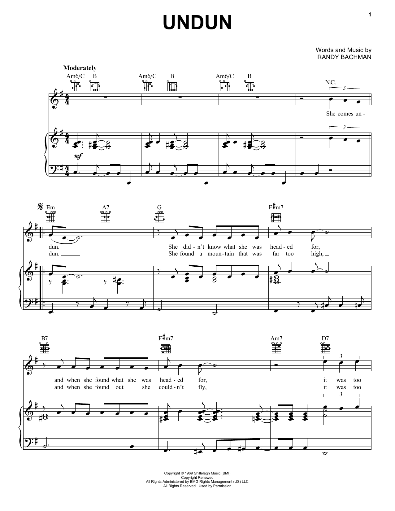 Download The Guess Who Undun Sheet Music and learn how to play Piano, Vocal & Guitar (Right-Hand Melody) PDF digital score in minutes