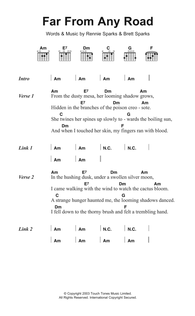 Download The Handsome Family Far From Any Road Sheet Music and learn how to play Lyrics & Chords PDF digital score in minutes