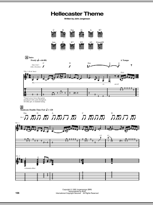 Download The Hellecasters Hellecaster Theme Sheet Music and learn how to play Guitar Tab PDF digital score in minutes