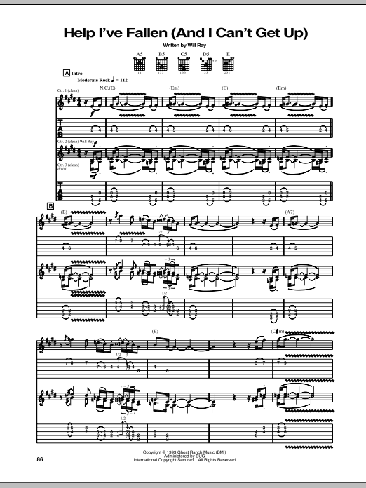 Download The Hellecasters Help I've Fallen (And I Can't Get Up) Sheet Music and learn how to play Guitar Tab PDF digital score in minutes