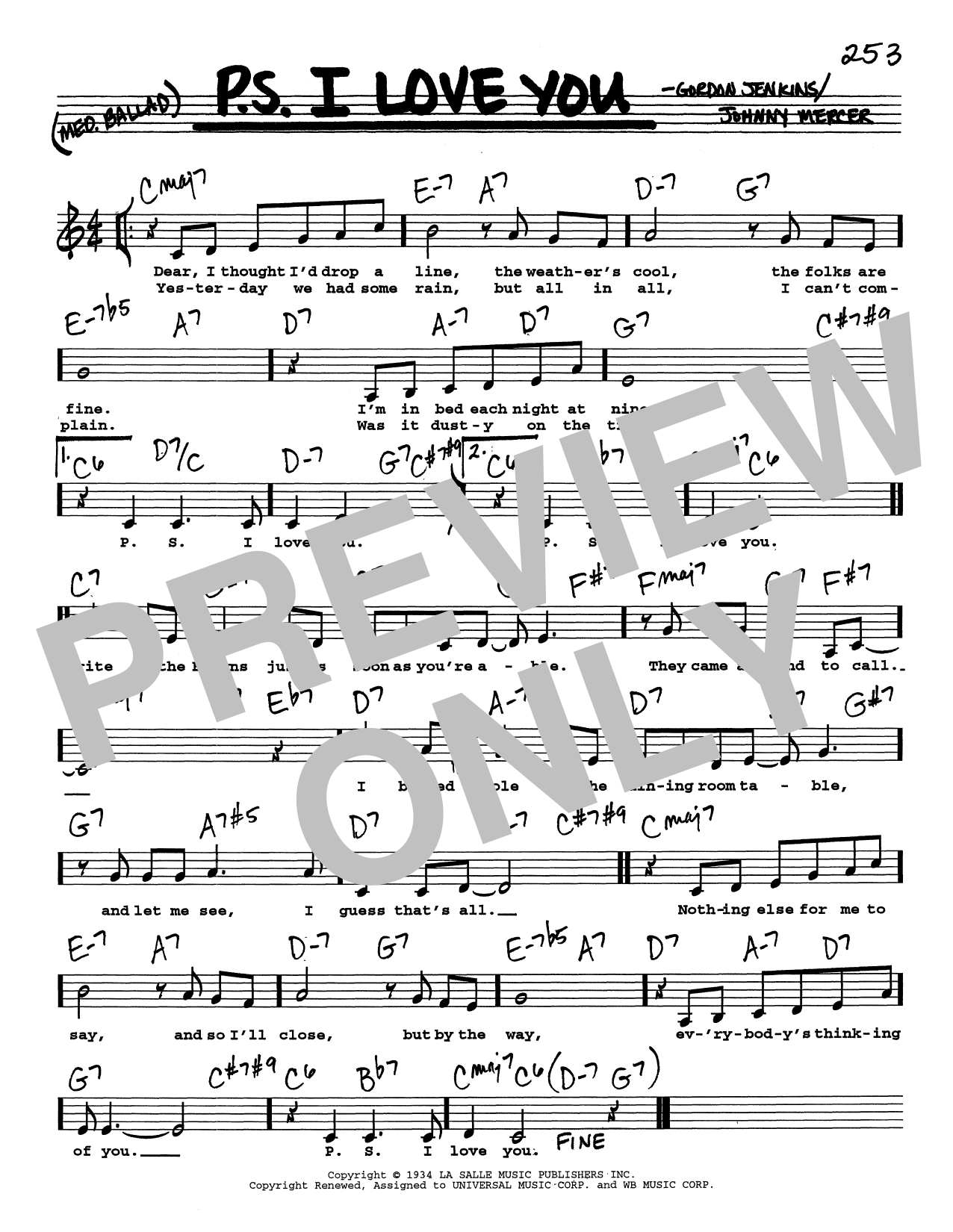 Download The Hilltoppers P.S. I Love You (Low Voice) Sheet Music and learn how to play Real Book – Melody, Lyrics & Chords PDF digital score in minutes