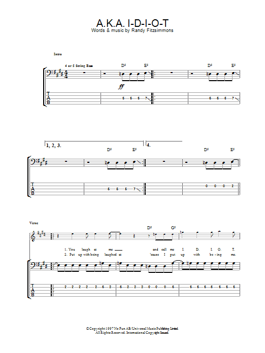 Download The Hives A.K.A. I-D-I-O-T Sheet Music and learn how to play Bass Guitar Tab PDF digital score in minutes