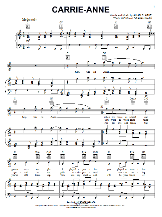 Download The Hollies Carrie-Anne Sheet Music and learn how to play Melody Line, Lyrics & Chords PDF digital score in minutes