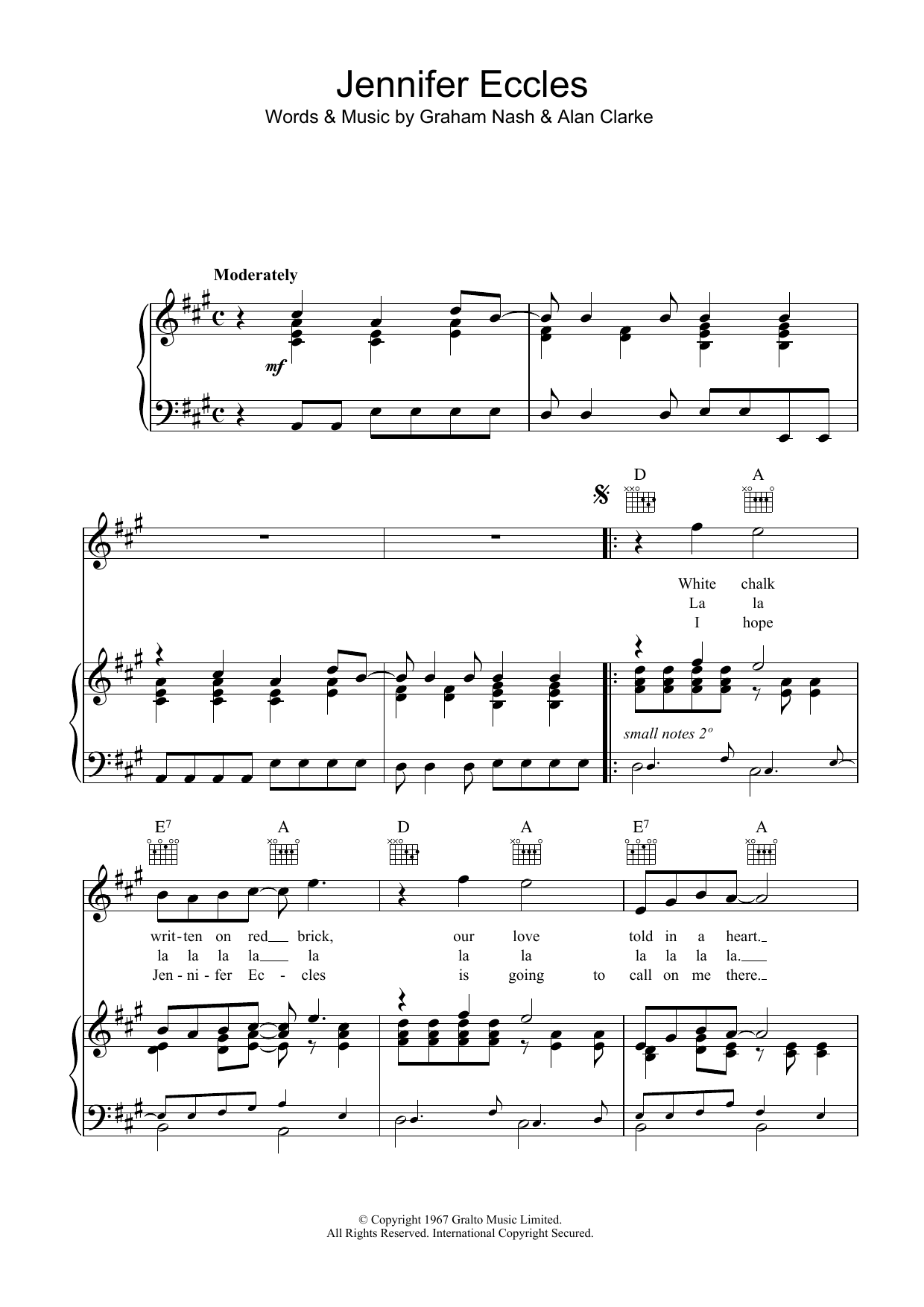 Download The Hollies Jennifer Eccles Sheet Music and learn how to play Piano, Vocal & Guitar (Right-Hand Melody) PDF digital score in minutes