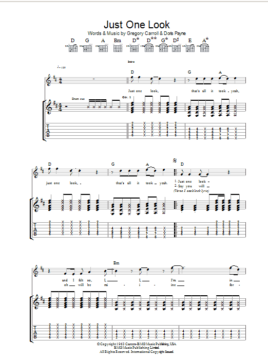 Download The Hollies Just One Look Sheet Music and learn how to play Guitar Tab PDF digital score in minutes
