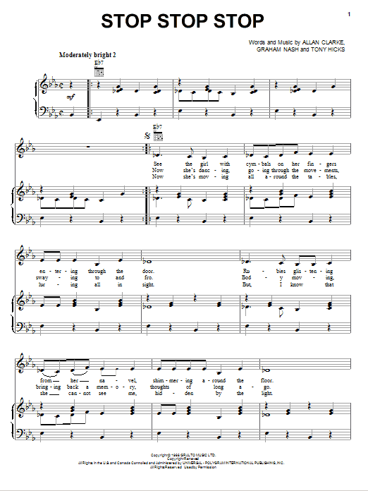 Download The Hollies Stop Stop Stop Sheet Music and learn how to play Piano, Vocal & Guitar (Right-Hand Melody) PDF digital score in minutes