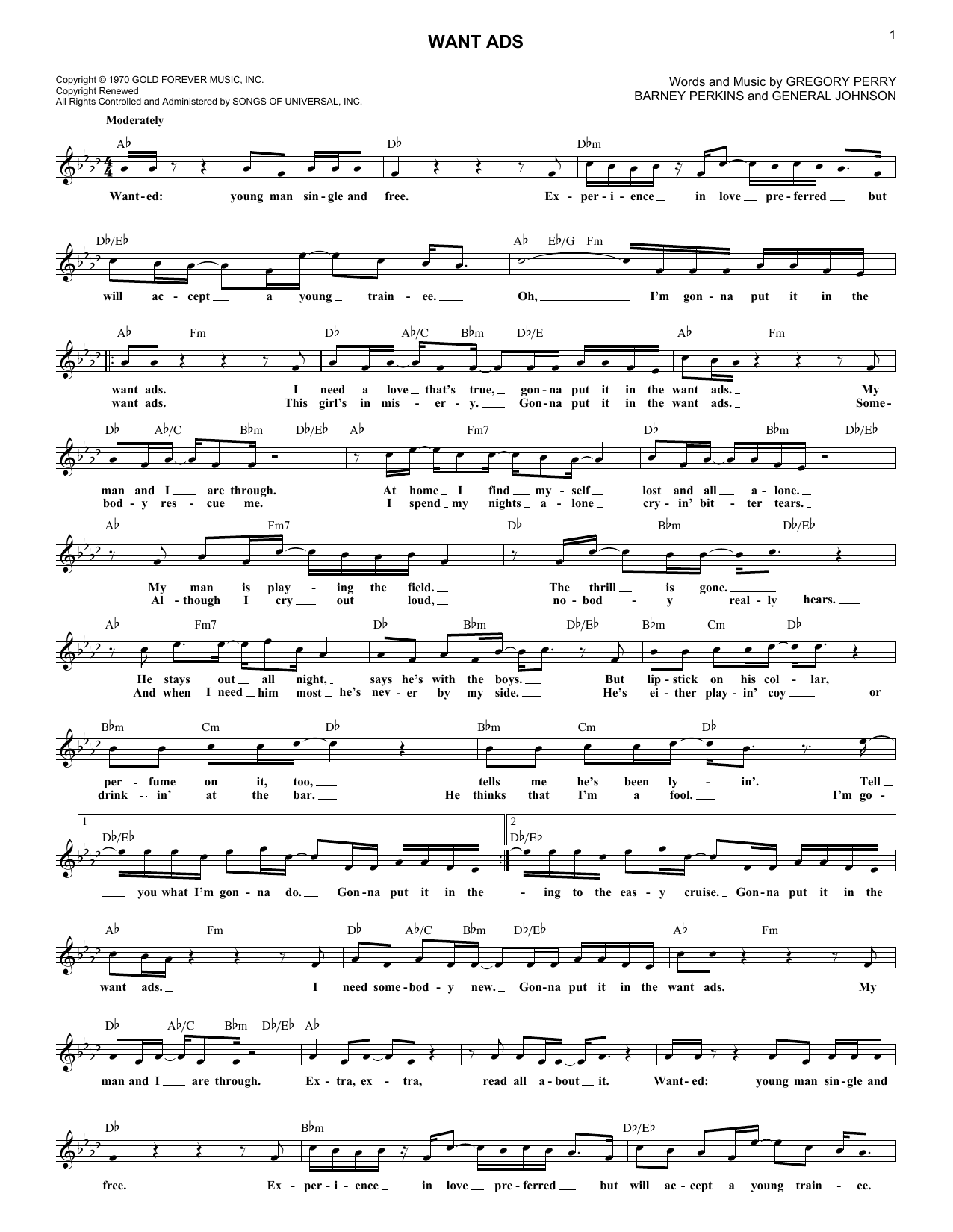 Download The Honey Cone Want Ads Sheet Music and learn how to play Melody Line, Lyrics & Chords PDF digital score in minutes