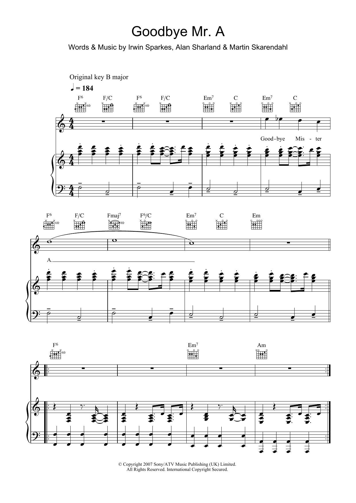 Download The Hoosiers Goodbye Mr. A Sheet Music and learn how to play Piano, Vocal & Guitar PDF digital score in minutes