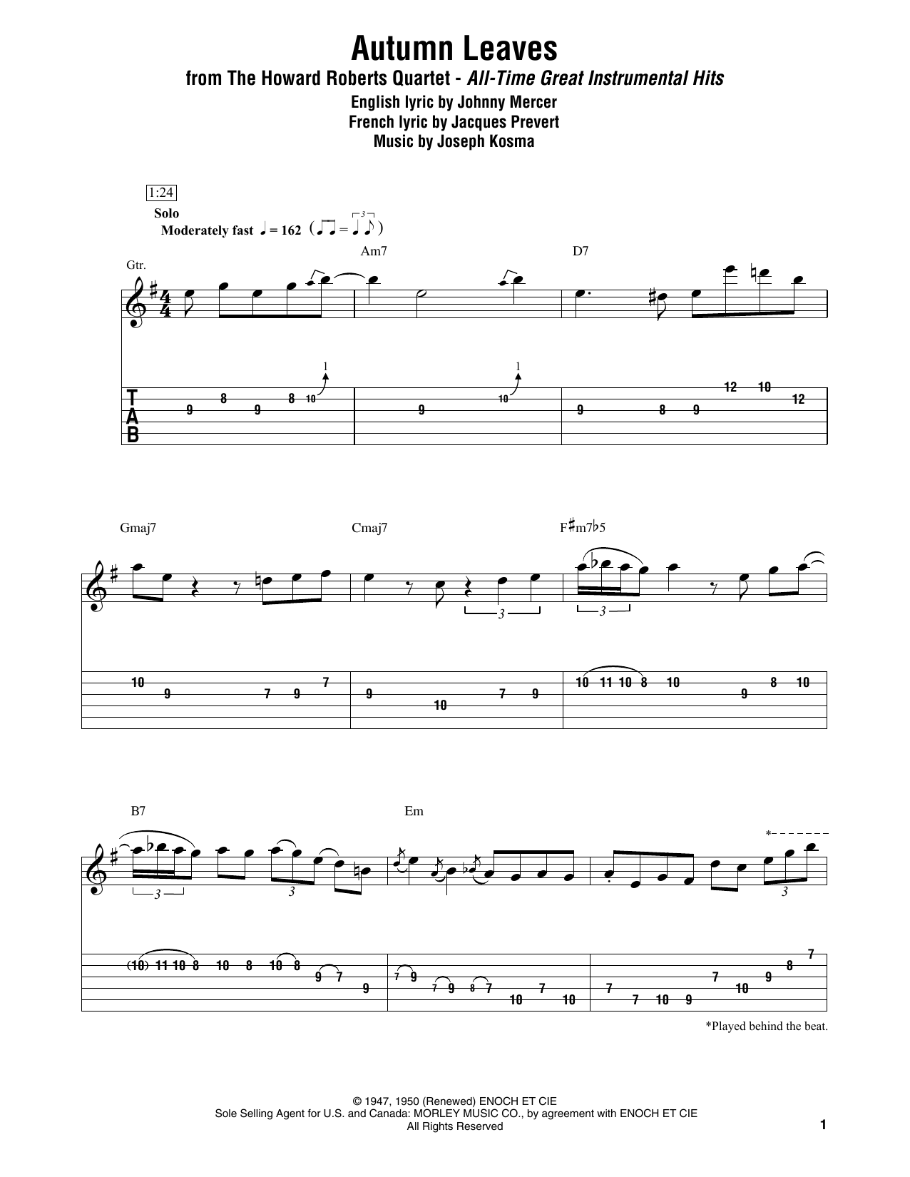 Download The Howard Roberts Quartet Autumn Leaves Sheet Music and learn how to play Electric Guitar Transcription PDF digital score in minutes