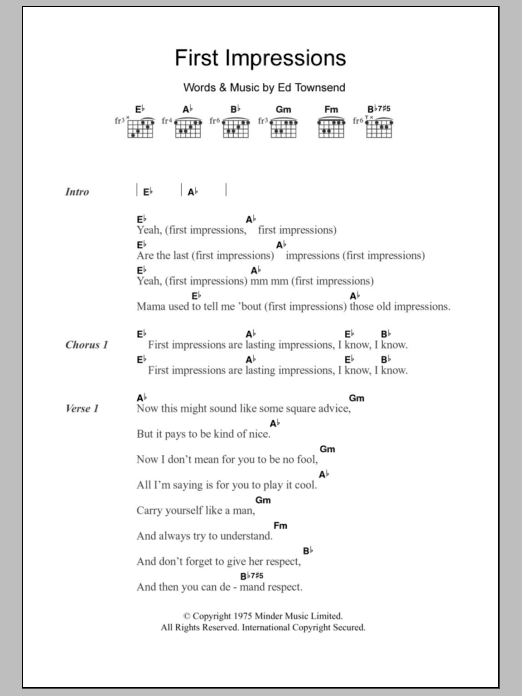 Download The Impressions First Impressions Sheet Music and learn how to play Lyrics & Chords PDF digital score in minutes