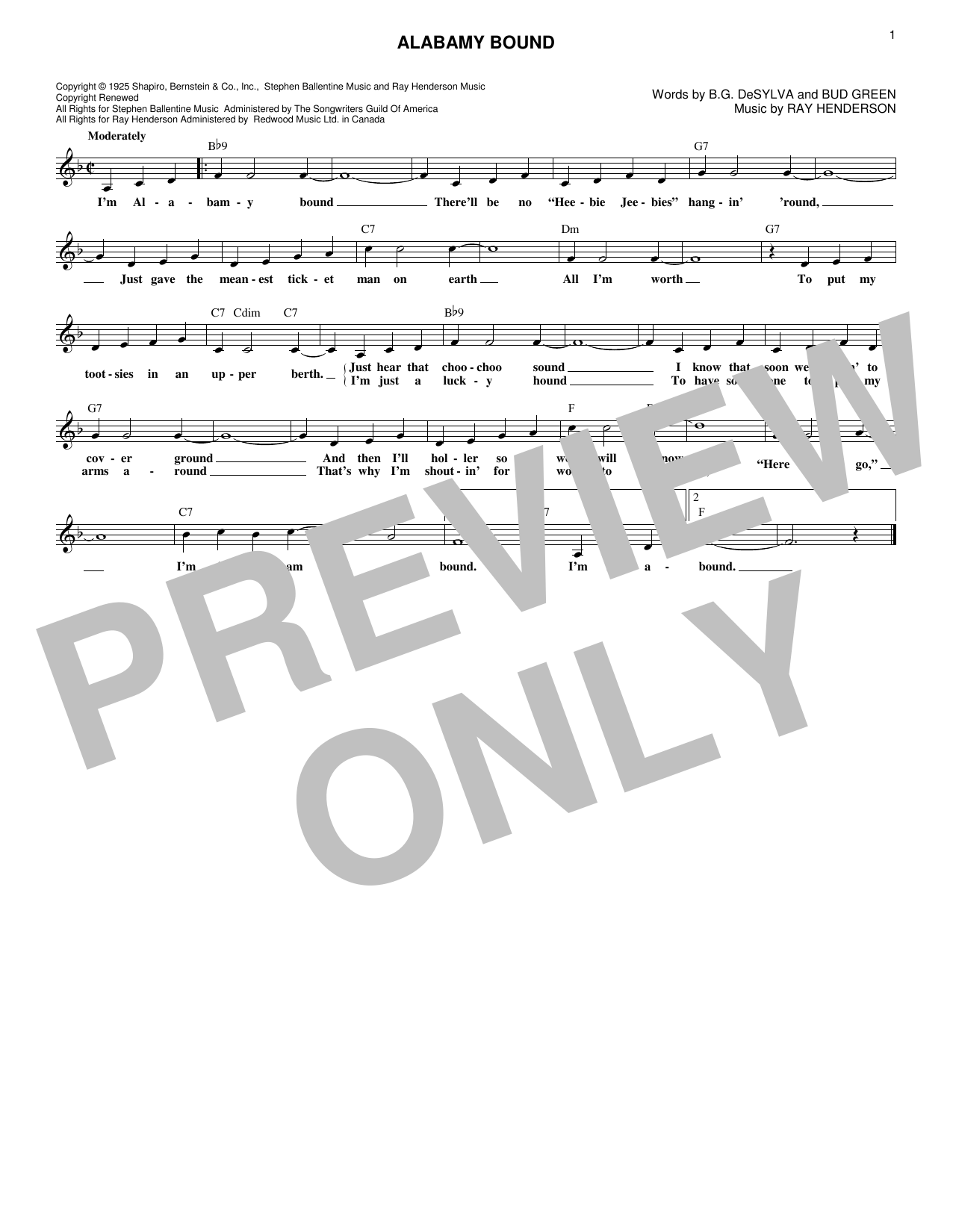 Download The Ink Spots Alabamy Bound Sheet Music and learn how to play Melody Line, Lyrics & Chords PDF digital score in minutes