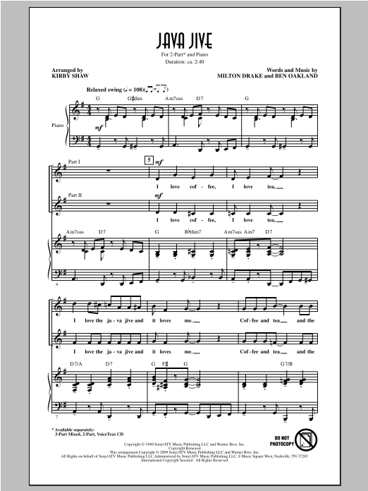 Download Kirby Shaw Java Jive Sheet Music and learn how to play 2-Part Choir PDF digital score in minutes