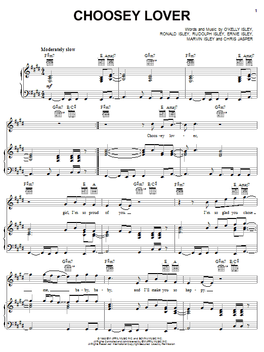 Download The Isley Brothers Choosey Lover Sheet Music and learn how to play Piano, Vocal & Guitar (Right-Hand Melody) PDF digital score in minutes