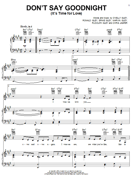 Download The Isley Brothers Don't Say Good Night (It's Time For Love) Parts 1 & 2 Sheet Music and learn how to play Piano, Vocal & Guitar (Right-Hand Melody) PDF digital score in minutes