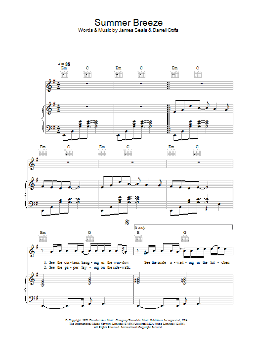 Download The Isley Brothers Summer Breeze Sheet Music and learn how to play Lyrics & Chords PDF digital score in minutes