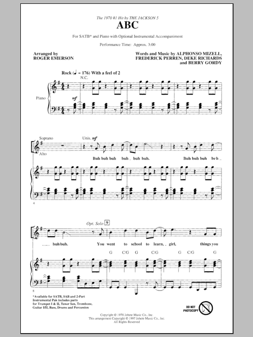 Download The Jackson 5 ABC (arr. Roger Emerson) Sheet Music and learn how to play SAB PDF digital score in minutes