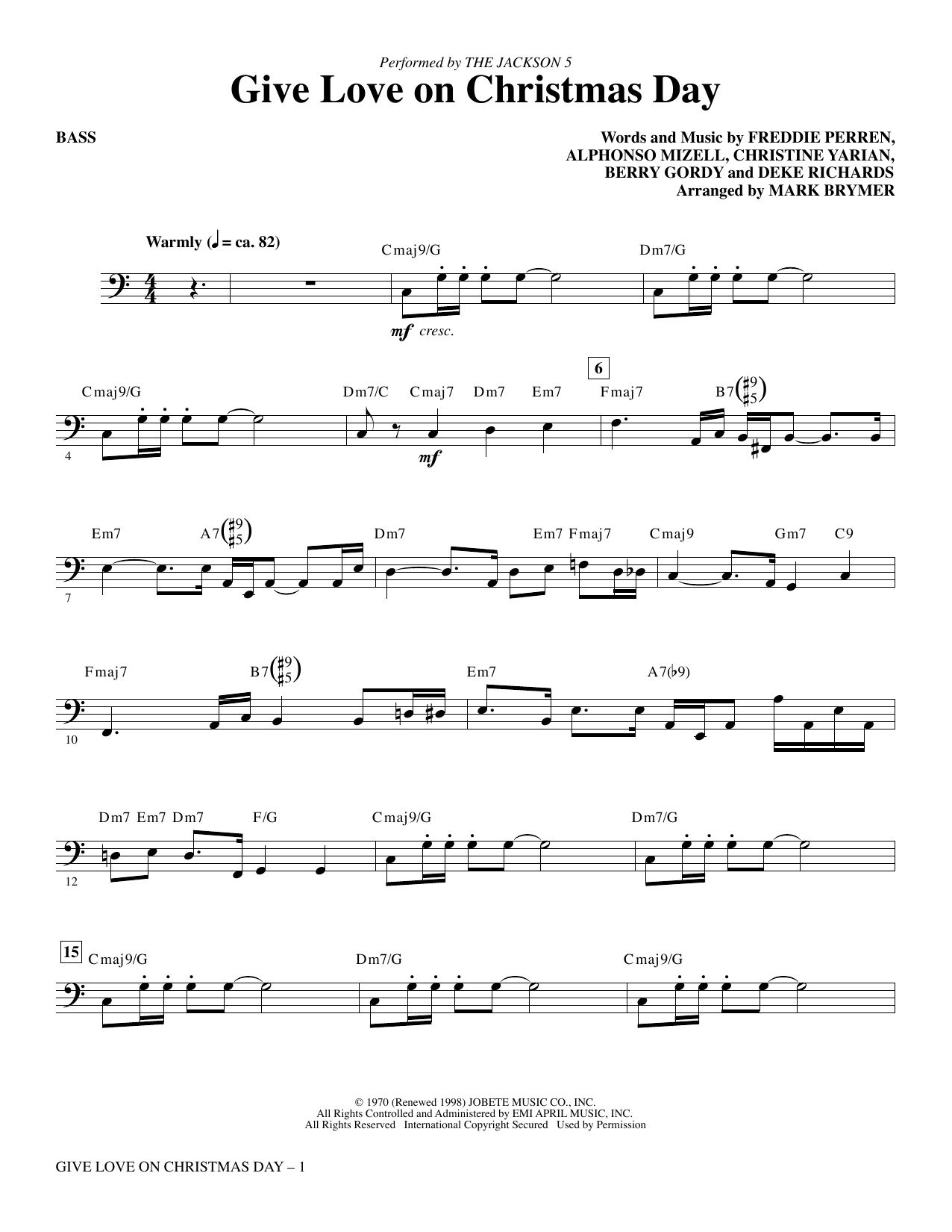 Download The Jackson 5 Give Love on Christmas Day (arr. Mark Brymer) - Bass Sheet Music and learn how to play Choir Instrumental Pak PDF digital score in minutes