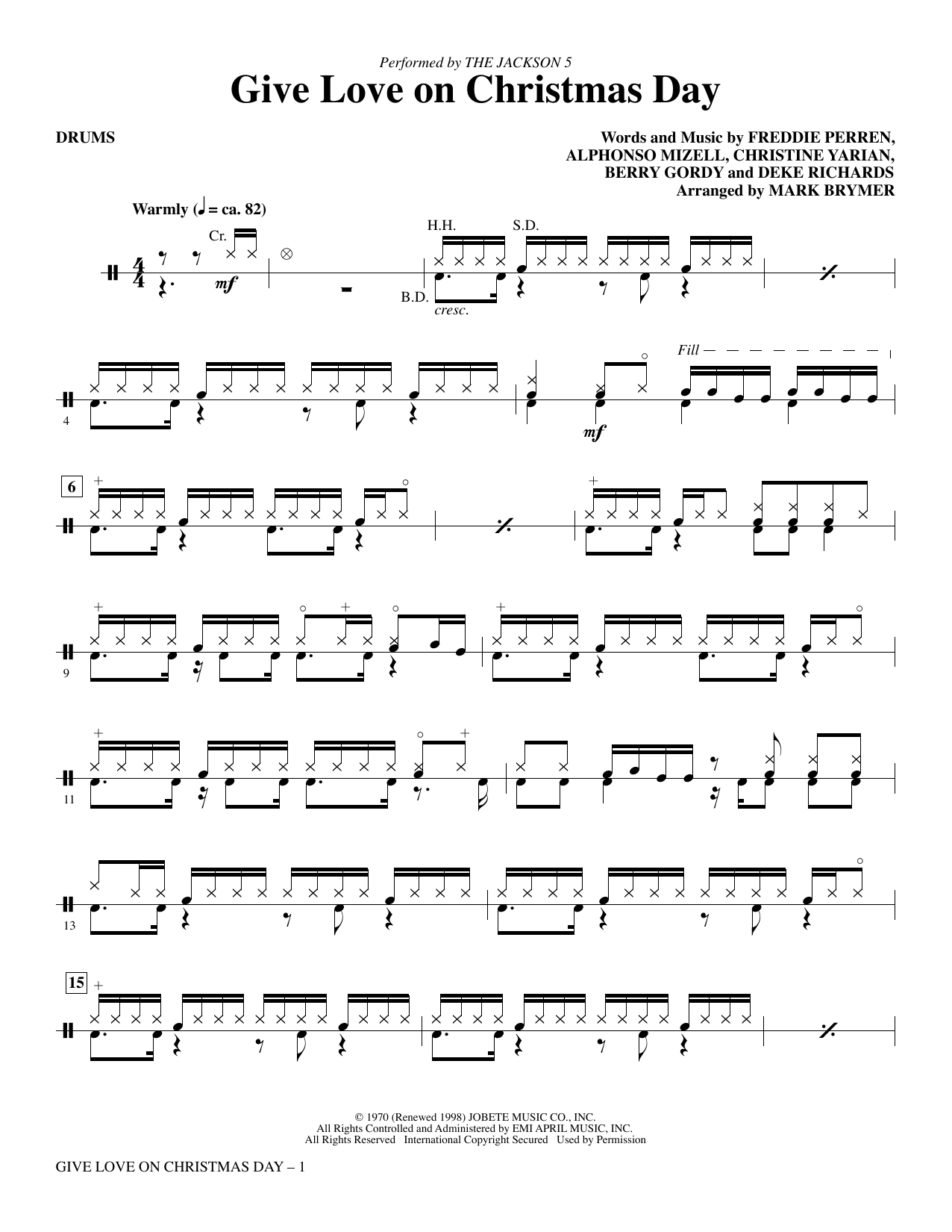 Download The Jackson 5 Give Love on Christmas Day (arr. Mark Brymer) - Drums Sheet Music and learn how to play Choir Instrumental Pak PDF digital score in minutes