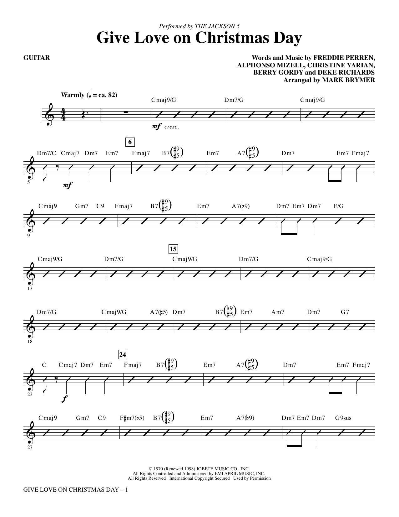 Download The Jackson 5 Give Love on Christmas Day (arr. Mark Brymer) - Guitar Sheet Music and learn how to play Choir Instrumental Pak PDF digital score in minutes