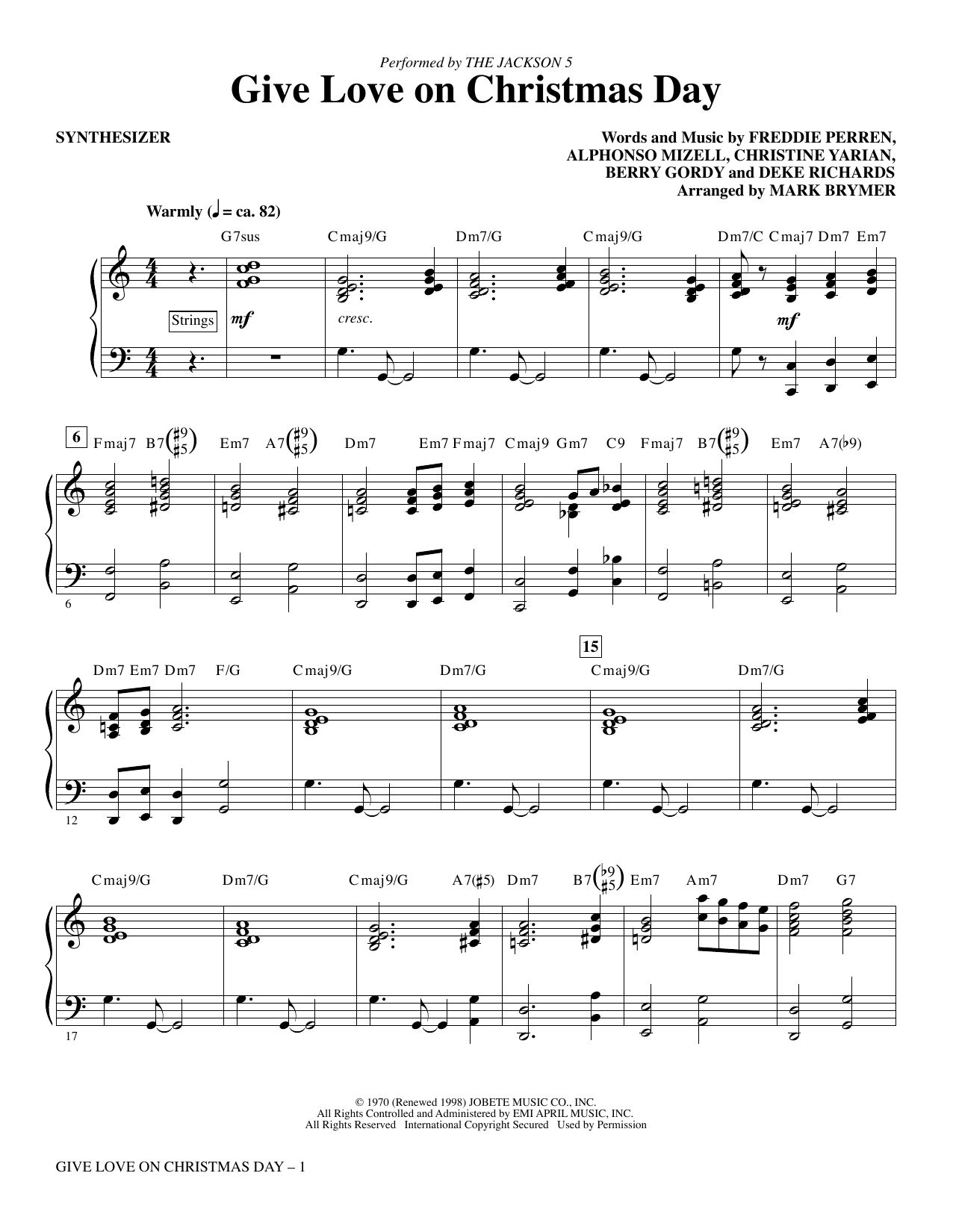 Download The Jackson 5 Give Love on Christmas Day (arr. Mark Brymer) - Synthesizer Sheet Music and learn how to play Choir Instrumental Pak PDF digital score in minutes