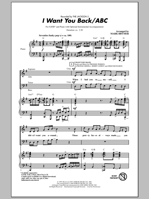 Download The Jackson 5 I Want You Back / ABC (arr. Mark Brymer) Sheet Music and learn how to play SATB Choir PDF digital score in minutes