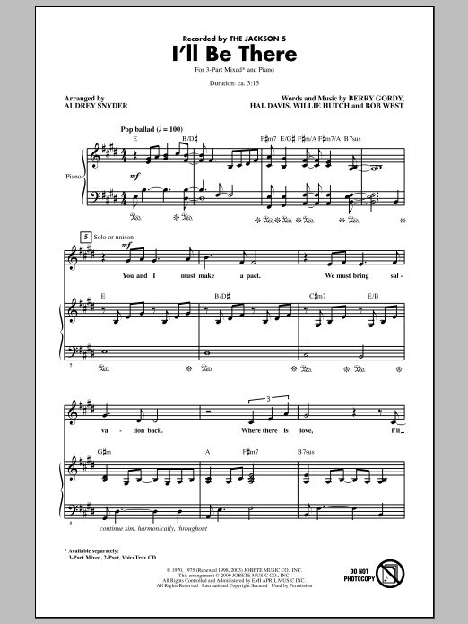 Download The Jackson 5 I'll Be There (arr. Audrey Snyder) Sheet Music and learn how to play 3-Part Mixed Choir PDF digital score in minutes