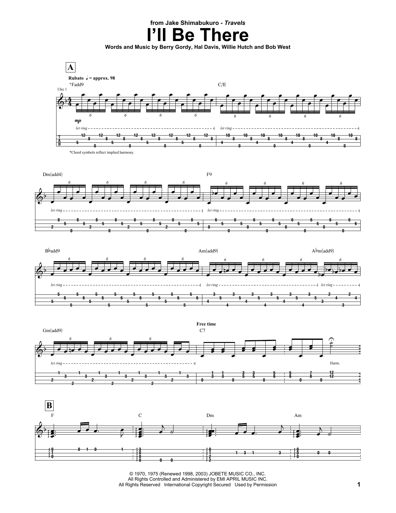 Download Jake Shimabukuro I'll Be There Sheet Music and learn how to play UKETAB PDF digital score in minutes